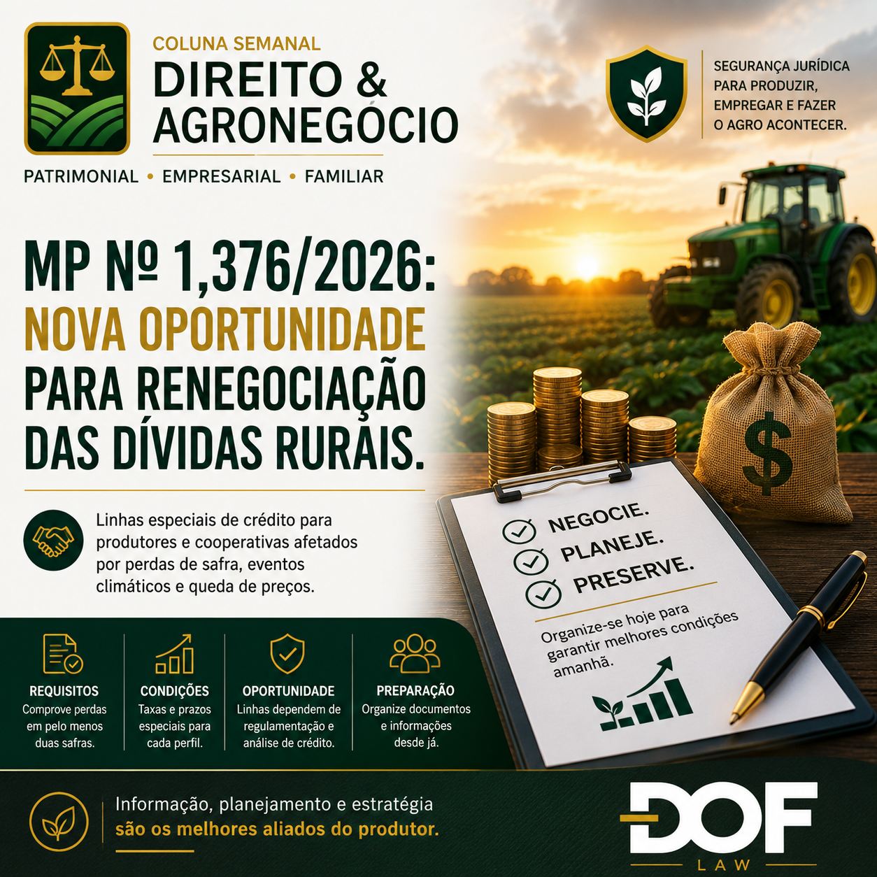 DIREITO & AGRONEGÓCIO
Renegociação das dívidas rurais: uma nova oportunidade para o produtor reorganizar sua atividade
...