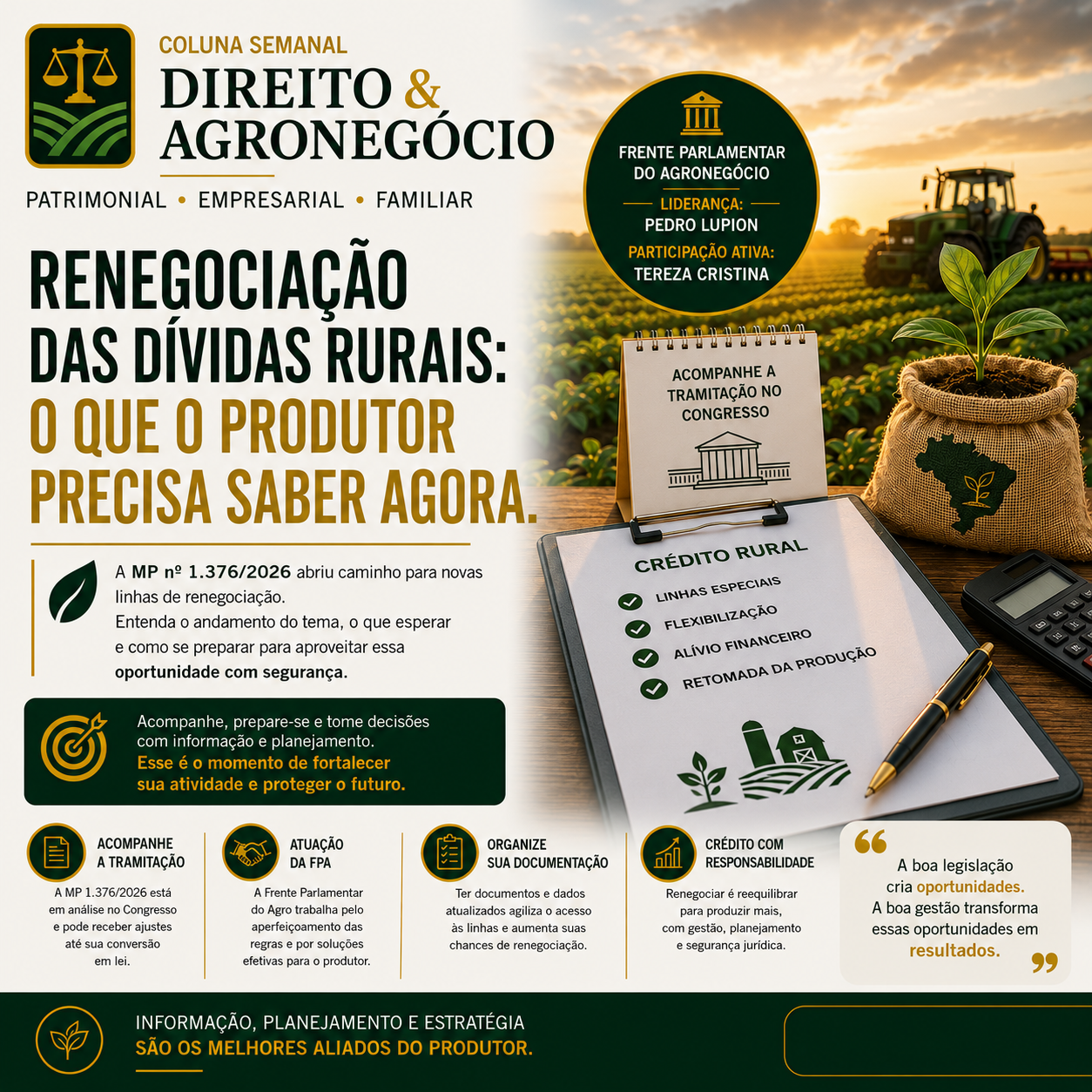 DIREITO & AGRONEGÓCIO

Renegociação das dívidas rurais: o que o produtor deve acompanhar nas próximas semanas?

Poucas p...
